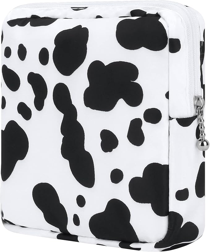 Sanitary Pad Storage Bag Portable Period Bag for Teen Pads/Sanitary Napkins/Small Tampons, Sanitary Napkin Storage Bag First Period Gifts for Teen Girls (Cow)
