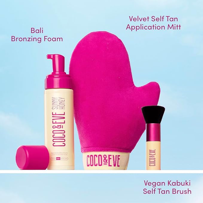 Coco & Eve Sunny Honey Bali Bronzing Bundle (Medium). All Natural Sunless Tanning Mousse. Instant Self Tanning Lotion with Bronzer, Mitt Applicator and Kabuki Brush.