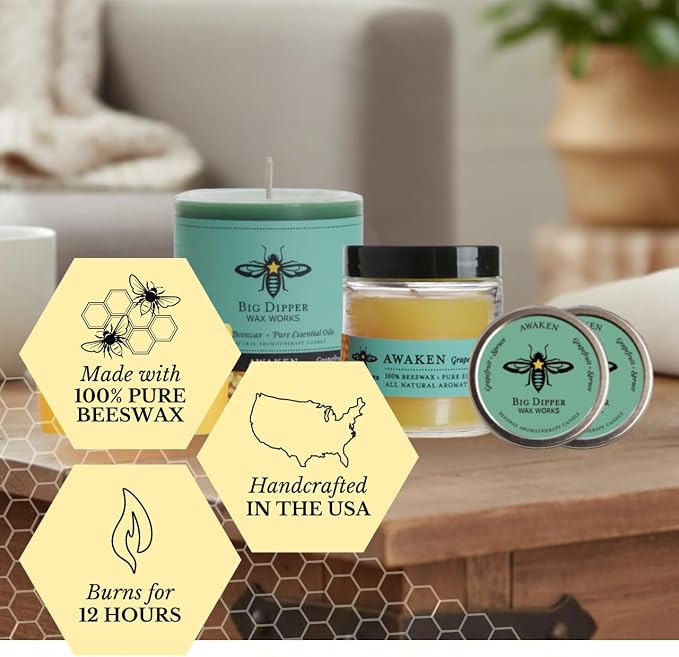 Big Dipper Wax Works Beeswax Aromatherapy Candle Tin – Awaken, Grapefruit & Spruce Scented, Small 1.5” x 1” Tin – 12-Hour Burn, Pure Essential Oils, Clean-Burning & Eco-Friendly
