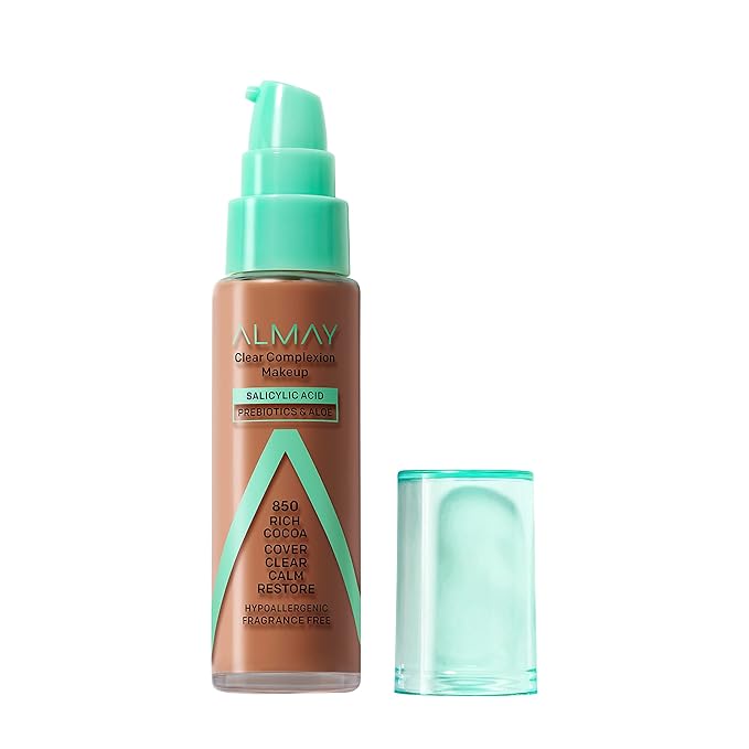 Almay Clear Complexion Acne Foundation Makeup with Salicylic Acid, Medium Coverage, Soft Matte Finish, Hypoallergenic, Cruelty- & Fragrance-Free, Dermatologist Tested, 850 Rich Cocoa, 1 fl oz