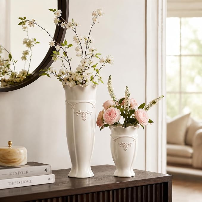 hjn White Ceramic Vase- French Flower Vase for Decor Small Vintage Vases for Flowers/Home Decoration/Kitchen/Table/Living Room/Shelf/Mantel/Office-Height-6.8"