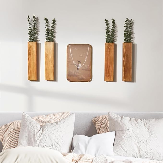 4 Pack Wood Wall Planters with 8 Faux Eucalyptus Stems for Wall Decor