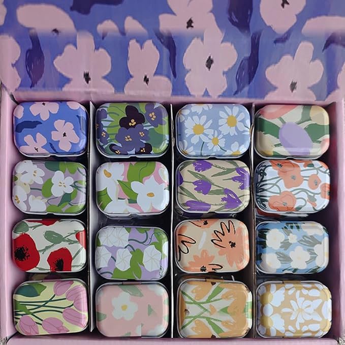 8Pcs Metal Hinged Tin Box Container Floral Farmhouse Rustic Mini Portable Small Storage Container Kit with Lid for Home Storage 2.1x1.5x1 Inch (White)