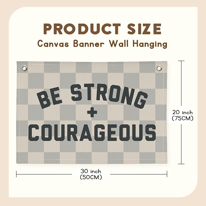 Motivational Quotes Boys Room Decor，Be Strong Courageous Bibie Joshua 1:9 Playroom Decor Linen Canvas Banner,Vintage Checkered Wall Hanging Flag Decor for Kids Toddler Room 30x20 bestrong