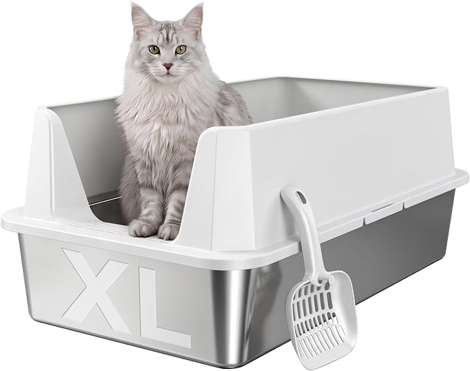 XL Stainless Steel Cat Litter Box with Plastic Enclosure & Scoop | Large Size,High Sided,Easy Clean, Odor Control,Non Stick, Anti-Leak,Open Top
