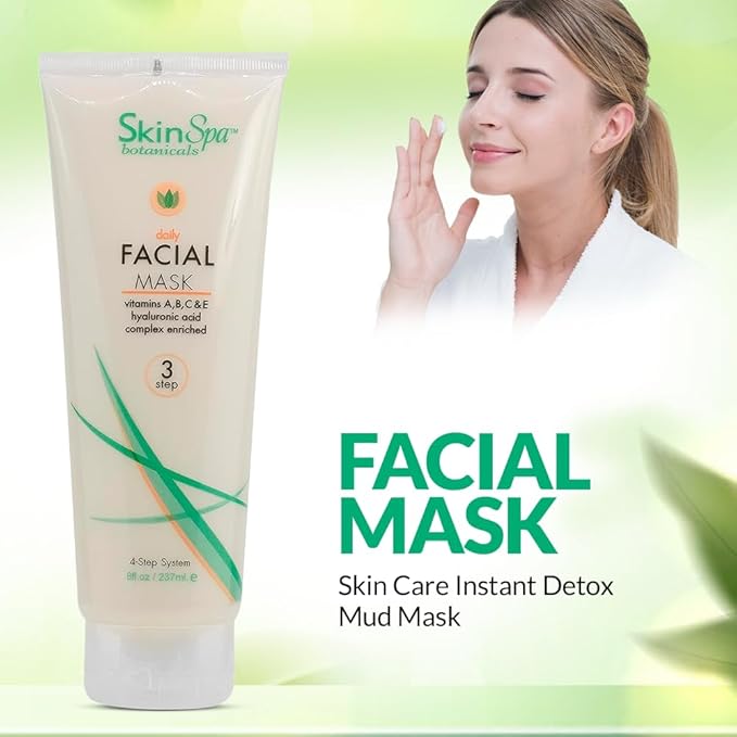 Clay Face Mask, Skin Care Instant Detox Mud Mask, 8 Oz - Daily Deep Facial Cleansing, Detoxifies, Brightens, and Cleans Blackheads and Clogged Pores