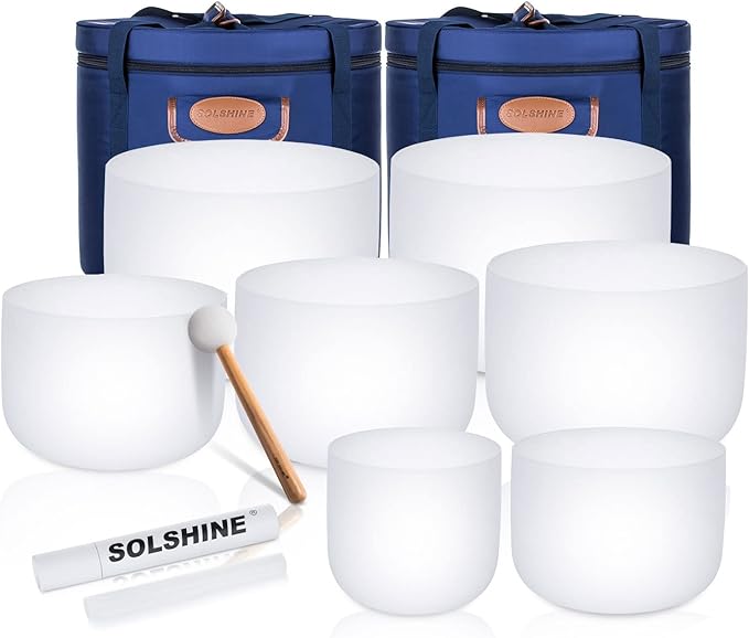SOLSHINE 6-12 Inch Crystal Singing Bowl Set of 7 For Sound Healing With 2pcs Free Heave Duty Carring Case Crystal Mallet And O-ring Sound Repairer