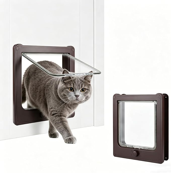 NAMSAN Cat Door Interior Door, Brown, Flap Opening 7.1" x 7.3", 4 Way Locking Cat Door for Exterior Door, Weatherproof Pet Door for Cats Small Dogs, Cat Flap Doors for Wooden/Metal Door, Window