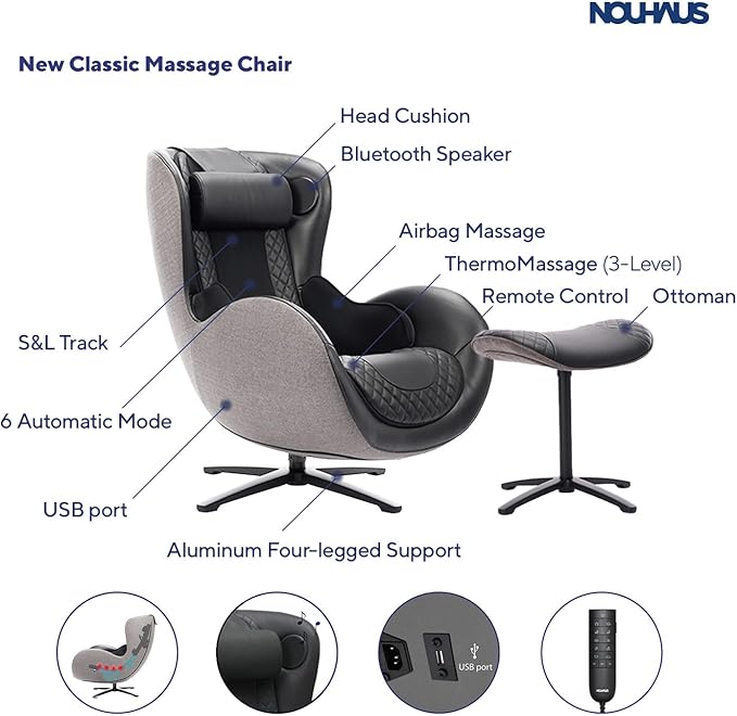 Nouhaus Heated Classic Massage Chair Full Body and Spot Massaging Recliner with Ottoman, Bluetooth Speaker, in-Chair Charger. Portable Shiatsu Body Massager Chair (Black)