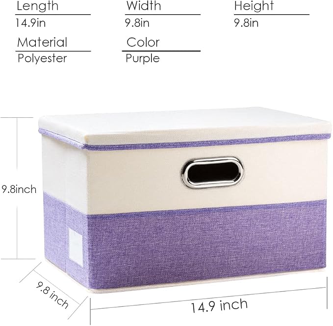 Collapsible Storage Bin with Lid [3-Pack] Fabric Foldable Storage Box Organizer Container Basket Cube with Cover for Home Bedroom Closet Office Nursery Purple&Cream(14.9x9.8x9.8)