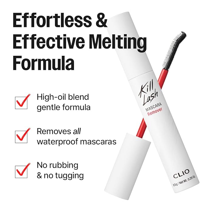 CLIO Kill Lash Mascara Remover, Oil Cleanser With Curved Precision Brush, Fast & Speedy Removal For Waterproof Superproof Mascara, No-Rubbing Gentle Lash Care, Non-Irritation, Non-residue