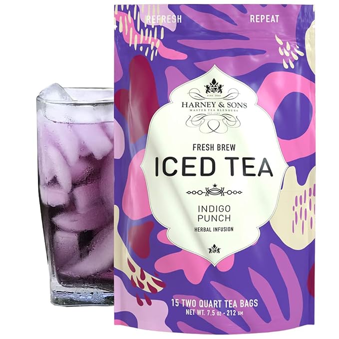 Harney & Sons Fresh Brew Herbal Iced Tea, Indigo Punch Butterfly Pea Flower Tea, 15 Iced Tea Bags, Color Changing Herbal Tea
