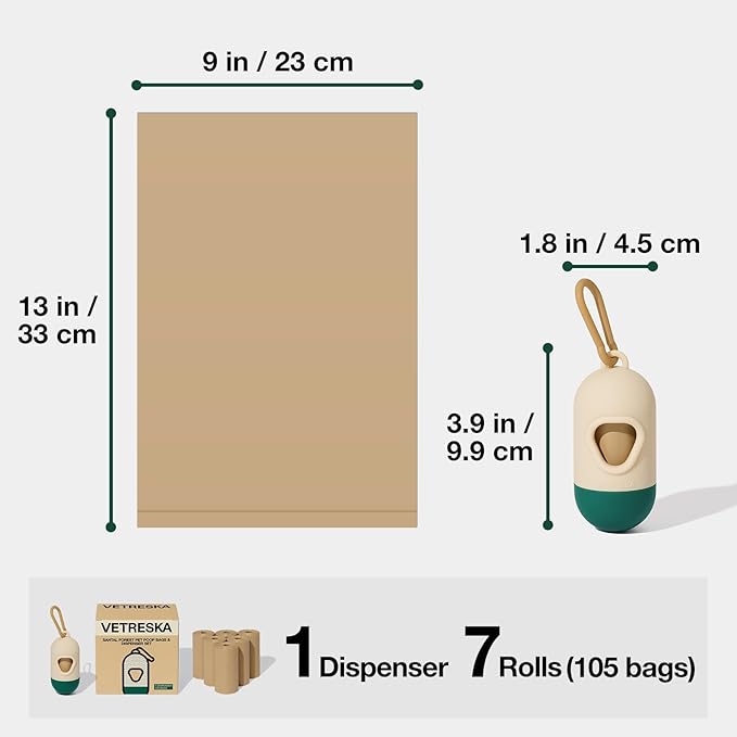 VETRESKA Dog Poop Bags Dispenser with 105 Bags, Leak Proof and Extra Thick | Pet Waste Bags for Dog Walking and Cat Litter, Sandalwood & Almond Scented