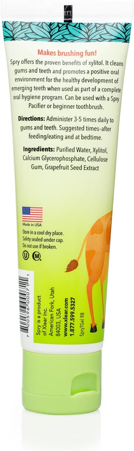Spry Natural Xylitol Toothpaste for Baby, Toddler and Kids Age 3 Months and Up - Fluoride Free Tooth Gel, Tasty, Support Development of Emerging Teeth, Original 2 Fl Oz (Pack of 4)