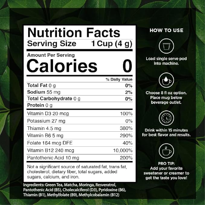 VitaCup Green Tea Pods, Enhance Energy & Detox with Matcha, Moringa, B Vitamins, D3, Keto, Paleo, Vegan, Single Serve Pod, Compatible with Keurig K-Cup Brewers,64 Ct