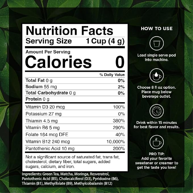 VitaCup Green Tea Pods, Enhance Energy & Detox with Matcha, Moringa, B Vitamins, D3, Keto, Paleo, Vegan, Single Serve Pod, Compatible with Keurig K-Cup Brewers,16 Ct