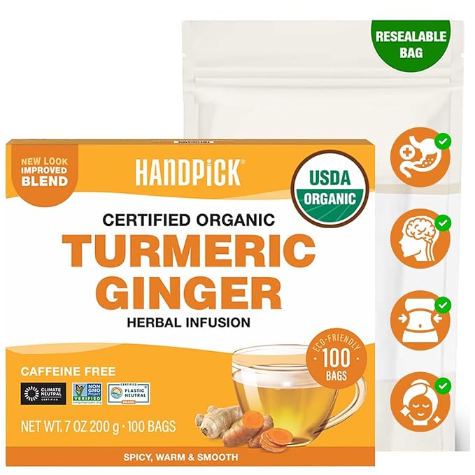 HANDPICK, Organic Turmeric Ginger Tea (100 Tea Bags) | Herbal Tea, Strong Spicy Flavor, Caffeine Free, Daily Wellness Tea, Smooth & Warming Infusion | Non-GMO, Gluten Free | Ecofriendly Tea Bags
