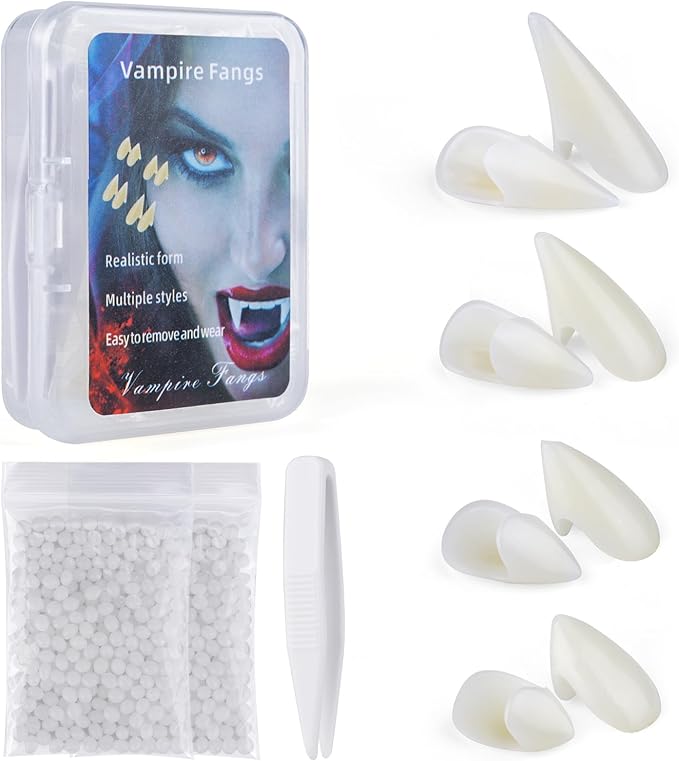 4 Pairs Vampire Teeth Fangs, 4 Sizes Halloween Vampire Fake Fangs with 2 Packs of Tooth Solid Adhesive for Cosplay Props Halloween Party Accessories Masquerade Dress up Favors