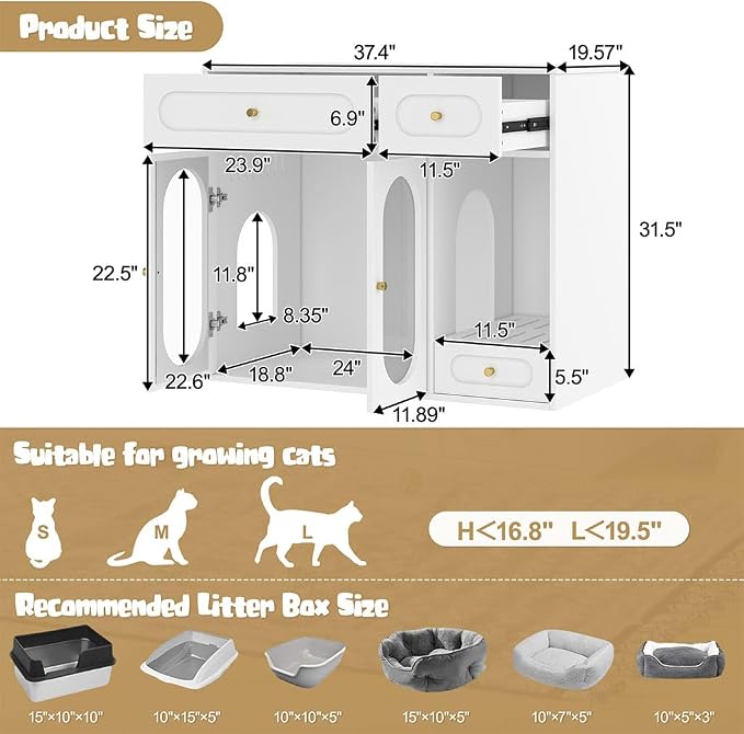 Hidden Cat Litter Box Enclosure Furniture with LED Light, Modern Litter Box Cabinet with Drawers & Acrylic Door, Multi-Entry Cat House Sideboard for Living Room, 37.4"W x 15.6"D x 31.5"H,White