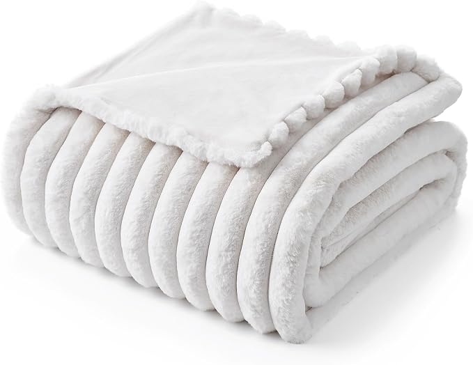 Faux Fur Throw Blanket for Couch, Cozy Fuzzy Fluffy Fur Luxurious Soft Striped Plush Gift Blankets for Family Sofa Chair, 60"x80", Ivory