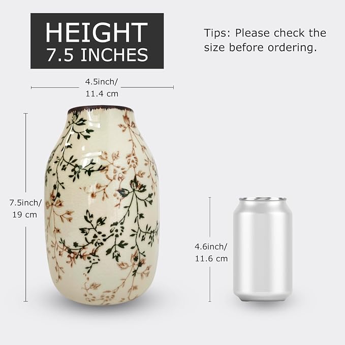 LIFFY Ceramic Vase Green and Beige Vintage Home Decor, Chinoiserie Floral Vase, Rustic Ceramic Large Vases for Home Decors, Living Room, Bookshelf, Office, Chinoiserie Decors, Tuscan Decor 7.5 Inch