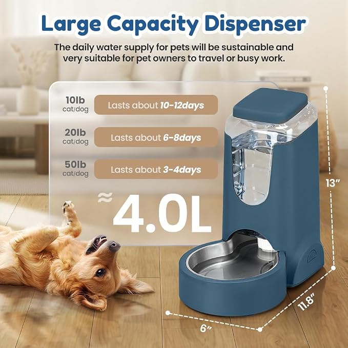 1 Gallon Automatic Cat Feeder Gravity Stainless Steel Water Dispenser Dog Feeder for Small Medium Puppy Kitten Pets Water Feeding Bowls, Dark Navy