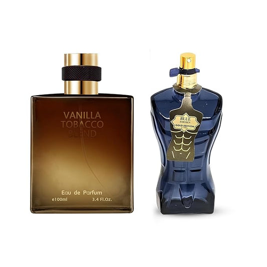 AFLUXE 2PCS Mens Perfume Cologne Long Last Strong EDP Natural Spray Gift Set, with Cocoa, Dried Fruits, Woody Fragrance for Daliy Use, 3.4 Fl Oz / 100 mL Each (Blue for Men GoldEdi & Vanilla Tobacco)