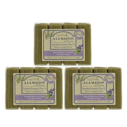 A LA MAISON Lavender Rosemary Olive Oil Bar Soap - Uses: Hand and Body, Triple Milled, Essential Oils, Biodegradable, Plant Based, Vegan, Cruelty-Free, Alcohol & Paraben Free (12 Bars of Soap, 3.5 oz)