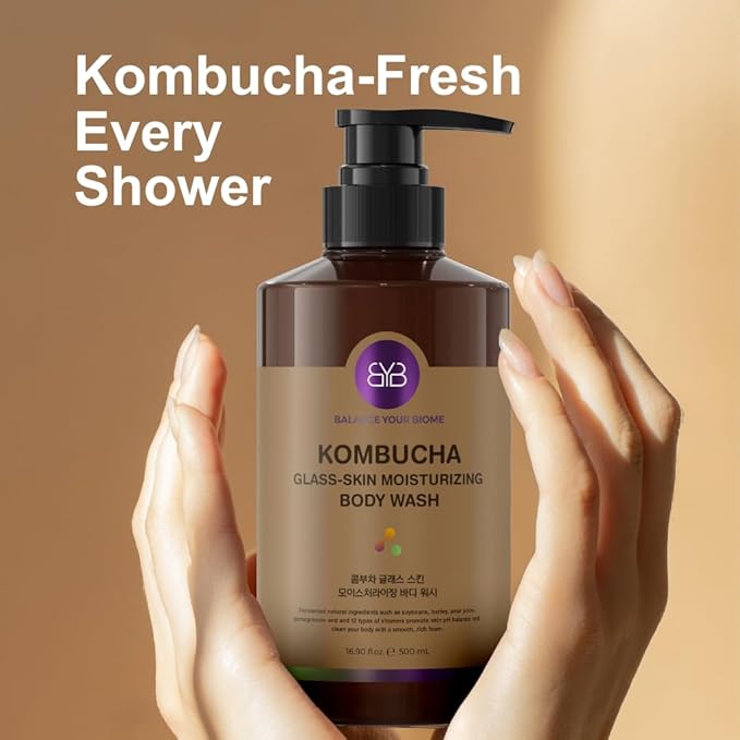 Kombucha Glass-Skin Moisturizing Body Wash, K-Beauty,Fermented soybean, barley, Pear Juice, Pomegranates,12 Vitamins, Nurishing, Cleansing, 16.9 fl.oz,No Silicone.Rich micro-foam gently cleanses
