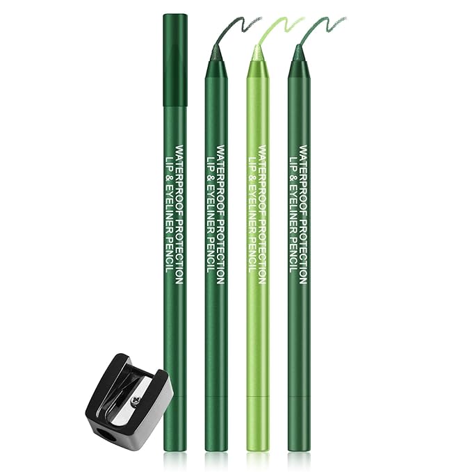 Ownest 3 Colors Shimmer Green Gel Eyeliner Pen, Pearl Metallic Eyeliner Pencil Kit, Glitter Eye Liner for Women, Professional Colorful Eye Makeup Pencil Set, Waterline Eyes Liner with Sharpener