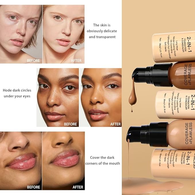 2 in 1 Foundation Concealer, Lightweight Creamy Long Lasting Face Makeup for Combination Oily Skin, Conceals Dark Circles Under Eyes Dark Spots and Blemishes, Vegan Cruelty-Free, Tan Beige