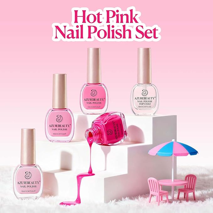 AZUREBEAUTY Hot Pink Nail Polish Set (4 Colors + Top Coat), Bright Solid Color Shades, Glossy Finish, Quick Dry Regular Nail Polish for Easy DIY Use