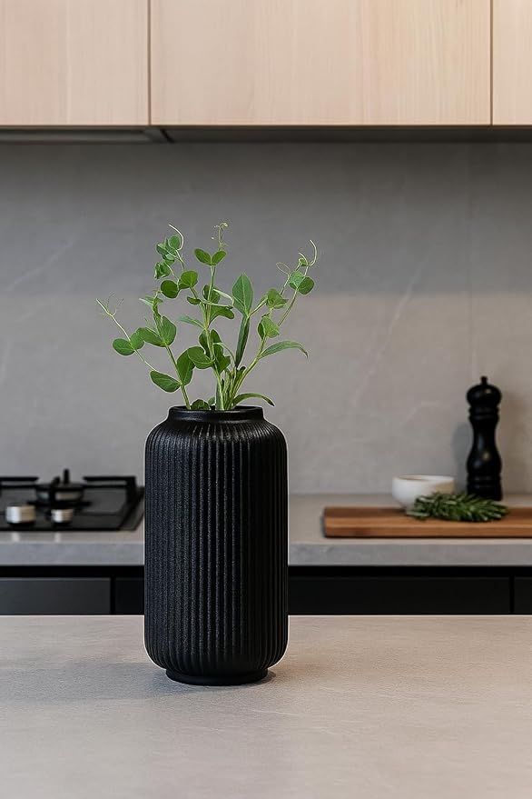 Black Ceramic Vase, 8 Inch Modern Flower Vase for Bouquet and Pampas Grass, Matte Frosted Large Opening Decorative Vase for Farmhouse Table, Shelf Decor