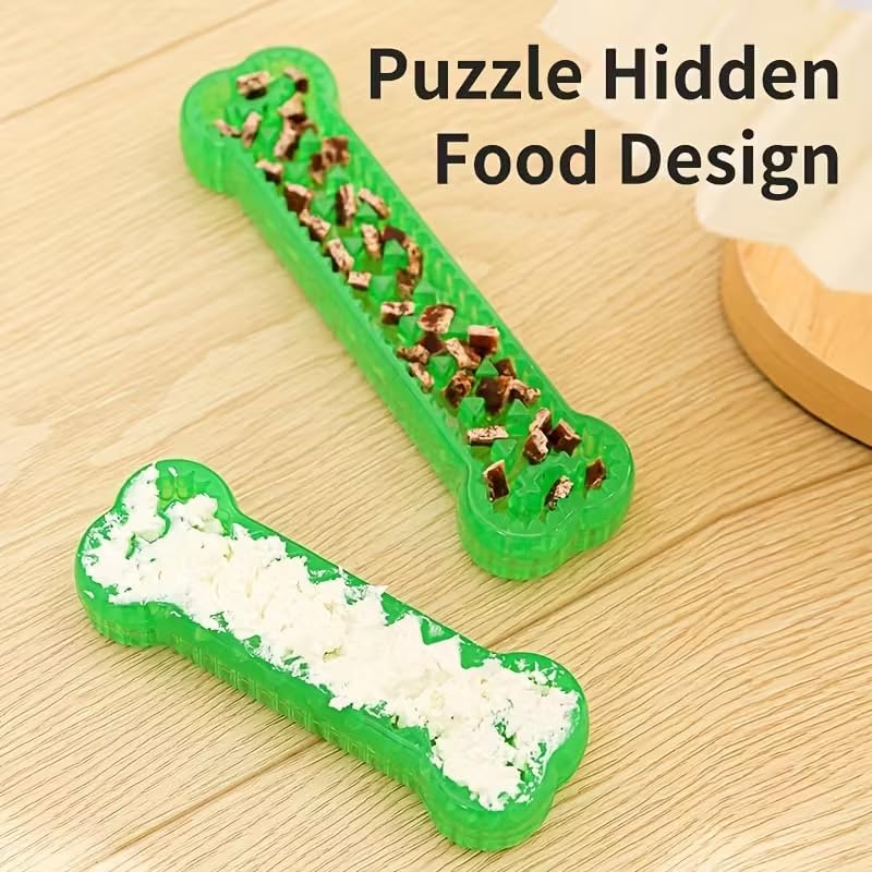 Interactive Dog Bone Toy, Green TPR Rubber, 6.3 Inch Dental Chew with Hidden Treat Compartment, Puzzle Food Dispenser for Small and Large Dogs (Green, Small)