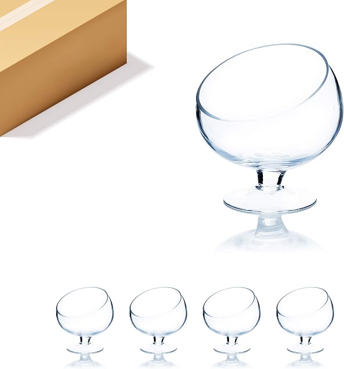WGV Slant Cut Bowl Glass Vase Bulk with Stand, Width 8.25", Height 8.75", Clear Planter Terrarium, Candy Dish, Fruit Jar for Wedding Party Event, Home Office Decor, 4 Pieces
