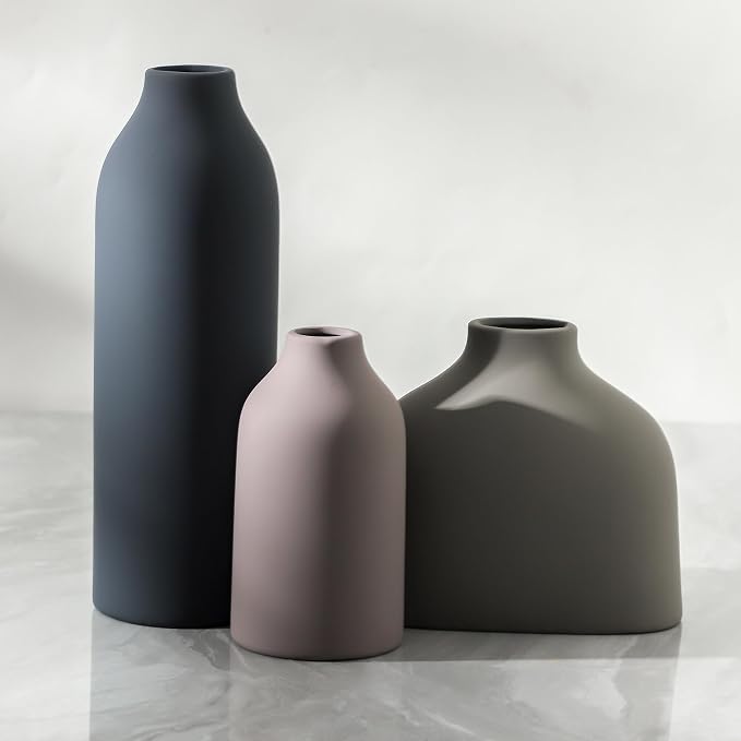 Enra Ceramic Vase Set of 3, Modern Decorative Vases for Home Decor | Three sizes with matte finishes, perfect for pampas grass, dried stems, shelves, mantels and neutral room styling.