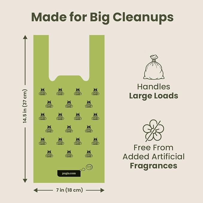 Pogi's Dog Poop Bags with Handles, Thick & Leak-Proof, Unscented, 300 Bags | Large dog waste bags with easy-tie handles that knot shut fast and one-handed. Thick and leak-proof, 9 x 13 in
