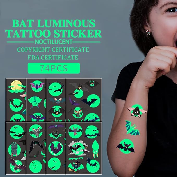 73PCS Luminous Halloween Bat Temporary Tattoos for Kids, Costume Makeup Glow in the Dark Fake Tattoo Stickers, Face Cosplay Holiday Party Favors Gifts for Adults Classroom School Prizes Reward