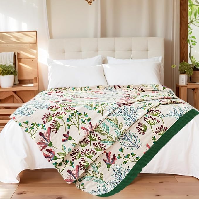VANJOROY Boho Throw Blanket, 100% Organic Cotton Breathable Ultra Soft 50" x 60" Bed Quilt Throw - All Season Floral Rustic Farmhouse Decor Luxury Reversible Blanket for Sofa Couch Chair and Gift