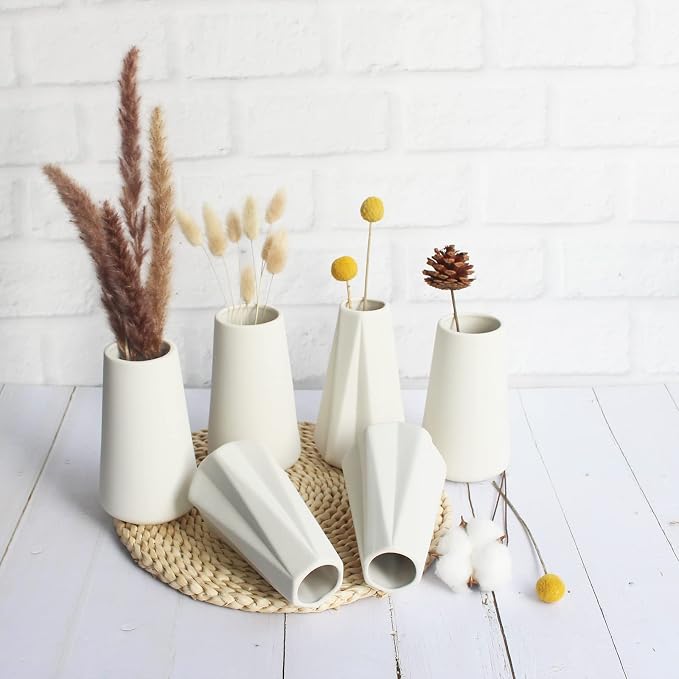YANLING Modern White Vase for Flowers 6 Pack, Ceramic Vases for Pampas | Grass Small 6 Inch Boho Vases for Home Decor, Minimalism Style for Modern Table Shelf
