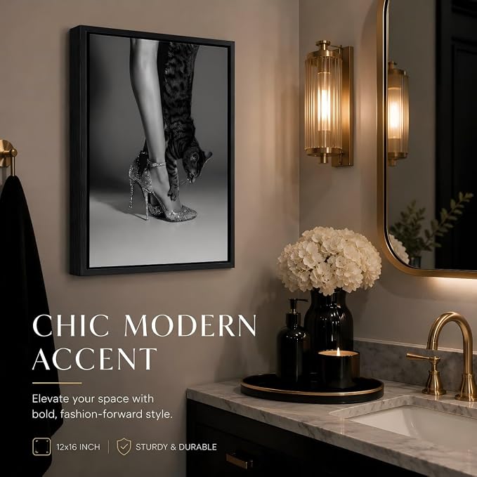 Framed Black and White Fashion Canvas Wall Art Trendy Women High Heels Cat Picture Wall Decor Luxury Feminist Poster Print for Girl Bedroom Dorm Party Bar Cart Home Decoration 16x24in