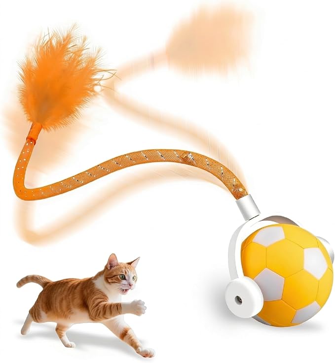XRG Interactive Cat Toys for Indoor Cats, Automatic Moving Cat Ball Toy with Mesh Tail & Feather, Motion Activated Kitten Toy for Bored Adult Cats, Two Metal Bells, Low Noise Design(Yellow and Orange)