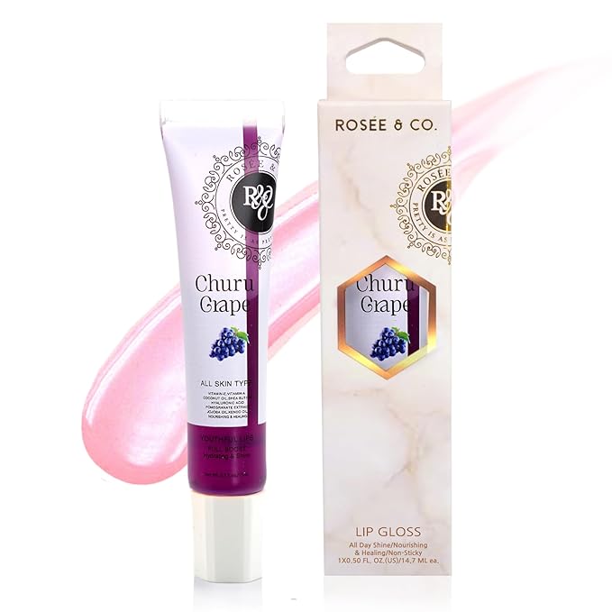 Rosee Lip Gloss Vegan & Cruelty Free Treatment, Professional Make up, Long Lasting Glossy with Shea Butter, Moisturize, Protect & Smooth, High Shine, Non-Sticky (p. Churu Grape, 0.5)