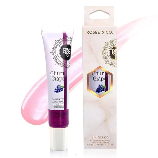 Rosee Lip Gloss Vegan & Cruelty Free Treatment, Professional Make up, Long Lasting Glossy with Shea Butter, Moisturize, Protect & Smooth, High Shine, Non-Sticky (p. Churu Grape, 0.5)