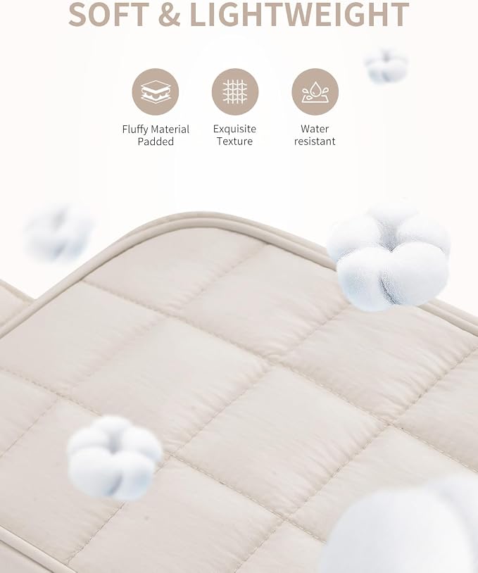 Narwey Quilted Makeup Bag Puffy Make up Bag Cosmetic Bag Organizer, Puffer Travel Toiletry Bag for Traveling Women Girl, Travel Bag for Toiletries, Skincare Medicine Bags (Beige)
