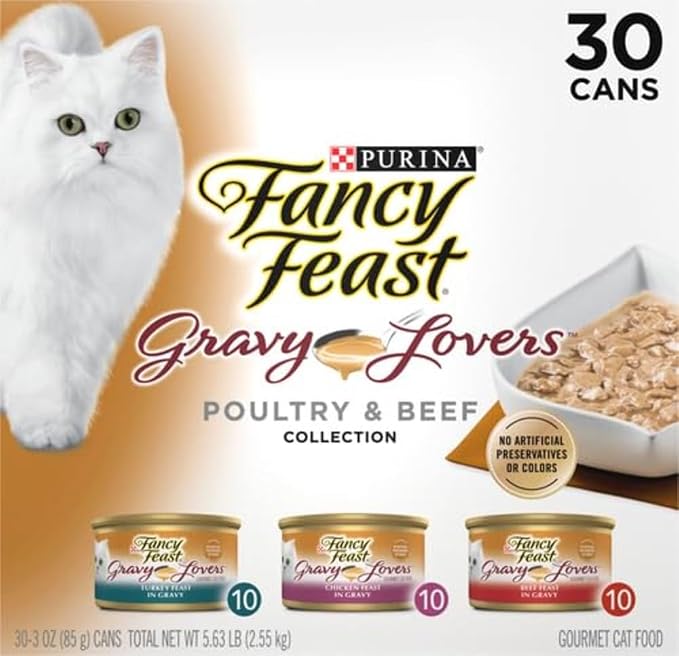 Fancy Feast Purina Gravy Lovers Poultry and Beef Grilled Gourmet Wet Cat Food Variety Pack - 3 oz. Cans,(Pack of 60)