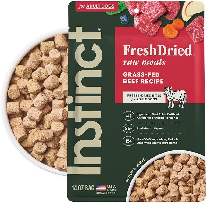 Instinct Freeze Dried Meals, Natural Dog Food, Grass-Fed Beef, 14 oz. Bag | FreshDried raw, 85% meat & organs, 15% non-GMO vegetables, fruits & other wholesome ingredients, supports overall vitality