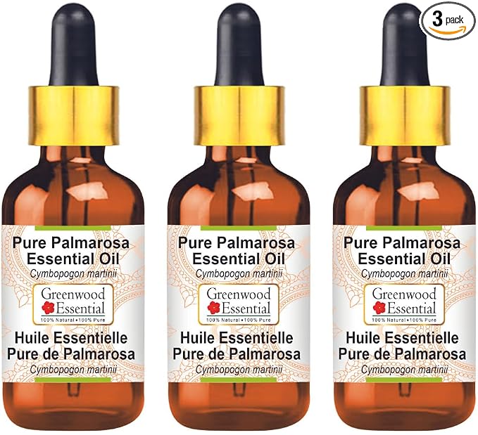 Greenwood Essential Pure Palmarosa Essential Oil (Cymbopogon martinii) with Glass Dropper Steam Distilled (Pack of Three) 100ml X 3 (10.1oz)