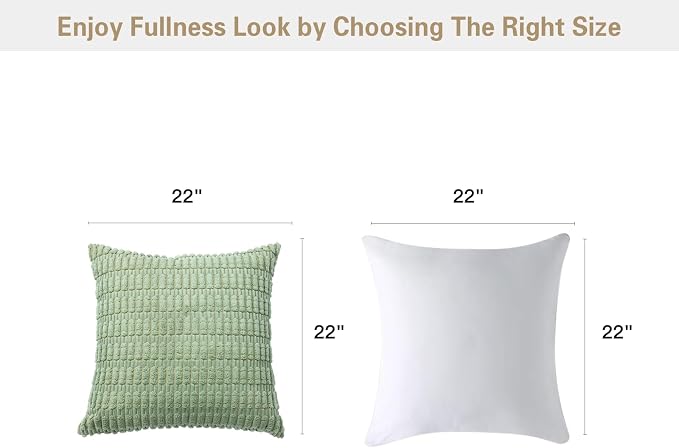 Volcanics Pack of 2 Sage Green Decorative Throw Pillow Covers 22x22 Inch | Soft Corduroy Striped Square Cushion Cases, Modern Farmhouse Boho Home Decor for Spring Couch Bed Sofa Living Room