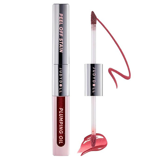 JUDYDOLL Peel Off Stain and Plumping Oil Duo - Long-Lasting Lip Stain with 3D Plumping Gloss, Hydrating and Non-Sticky Formula, Macaron-Inspired Lipstick (#03 Cherry Spark)